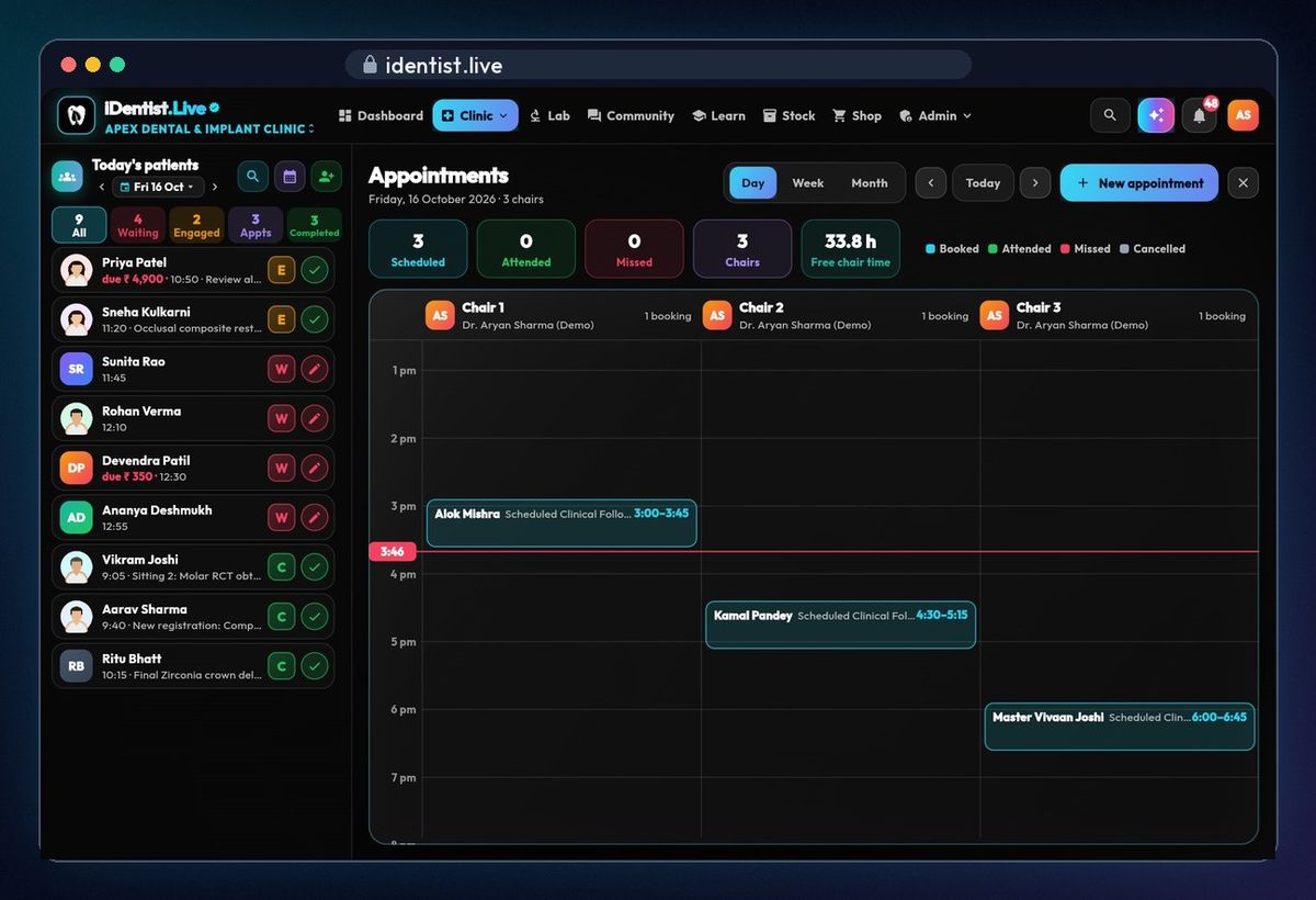 One column per chair — appointments in iDentist.Live