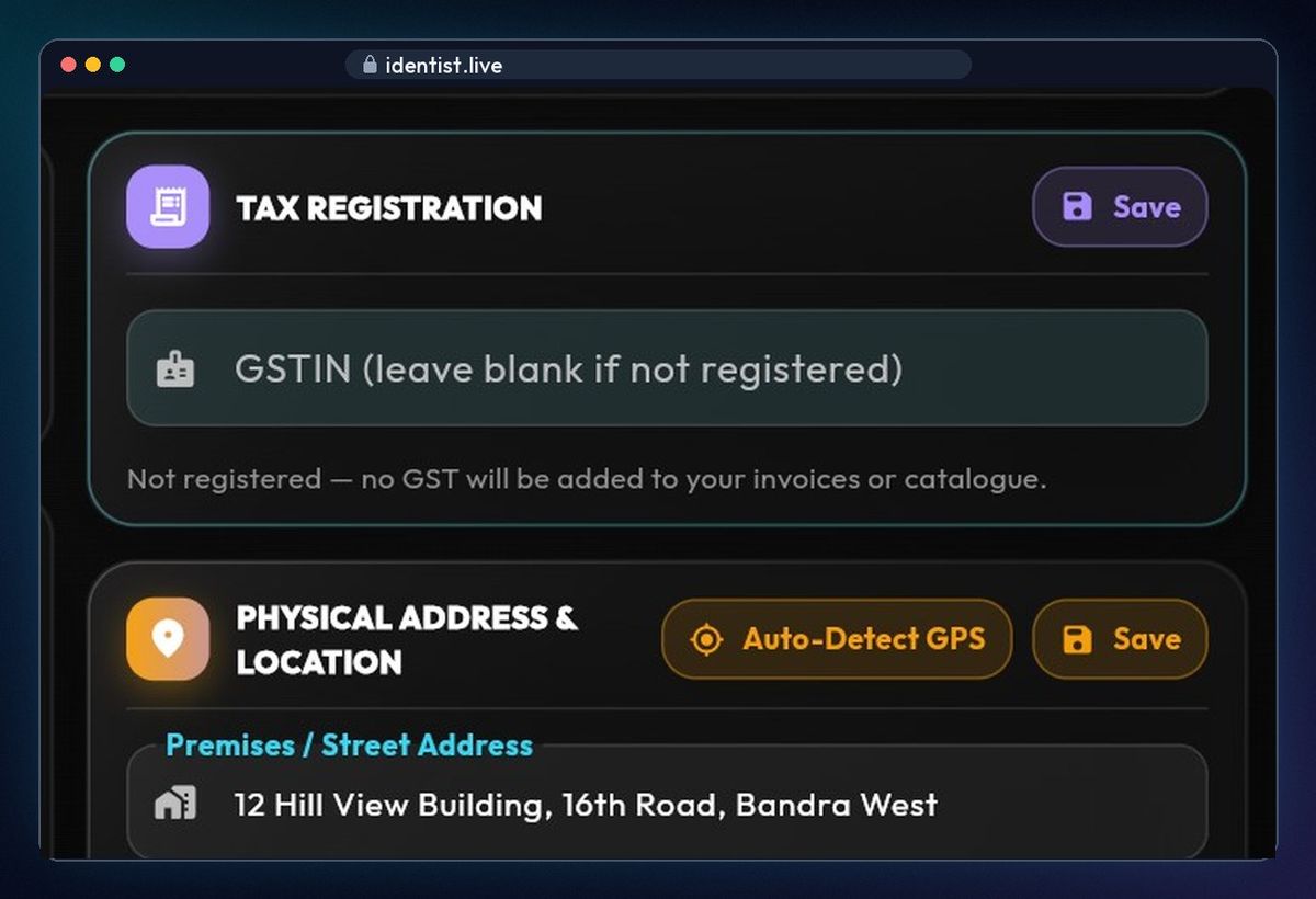 Enter your GSTIN (or leave blank) — billing in iDentist.Live