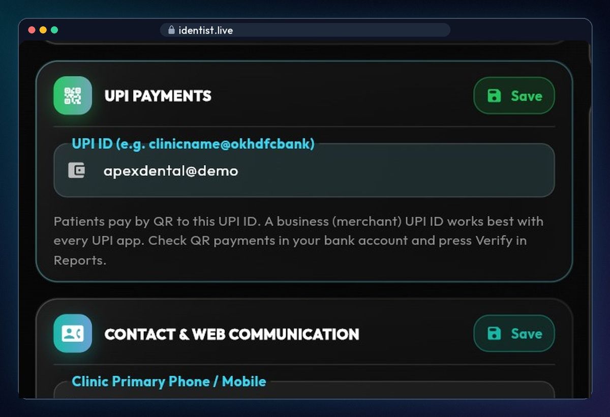 Add your clinic's UPI ID — billing in iDentist.Live