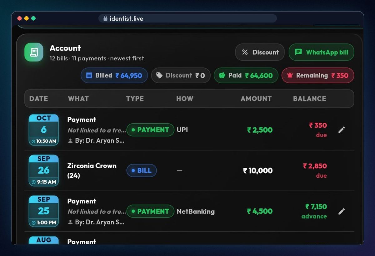 Open the account — billing in iDentist.Live