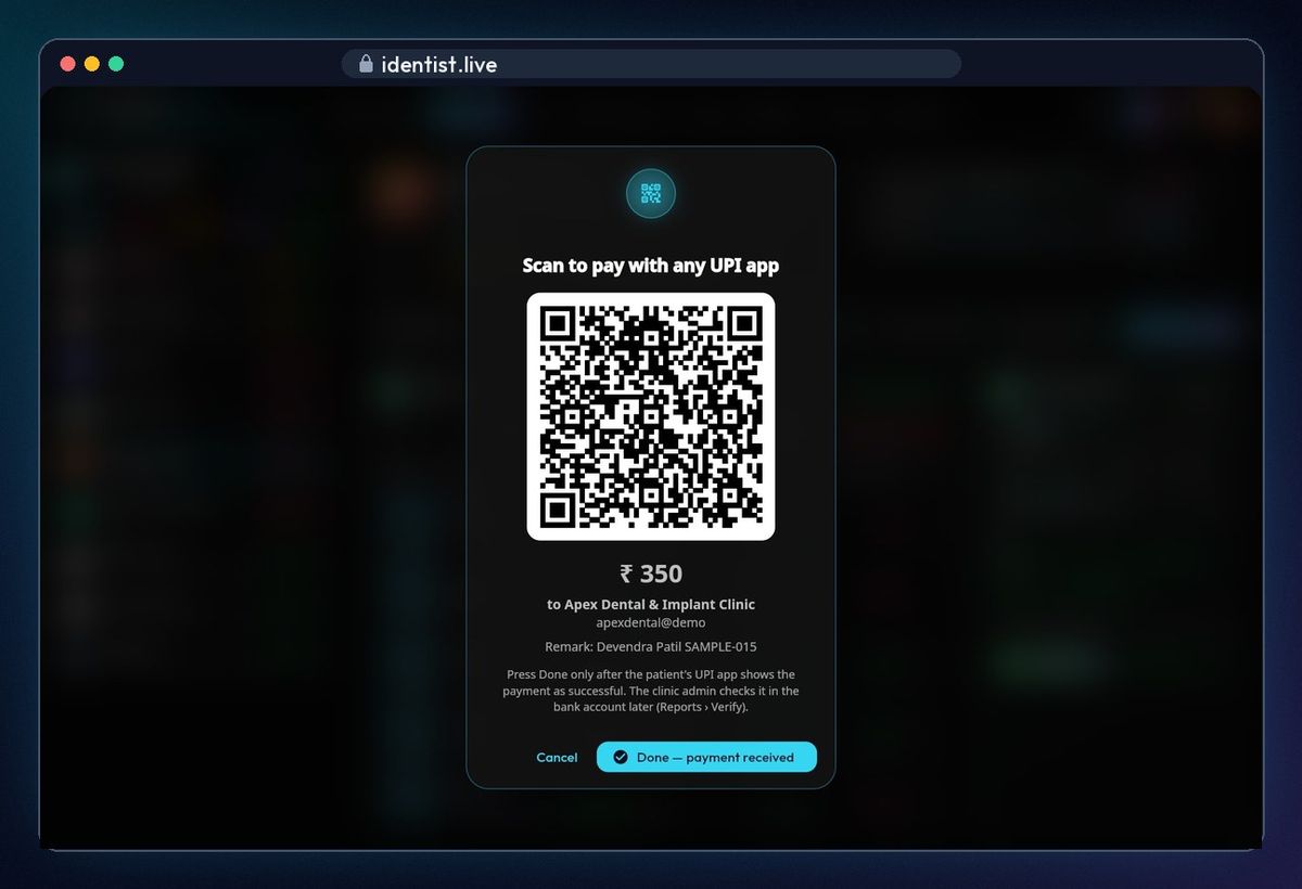 Show the UPI QR — billing in iDentist.Live