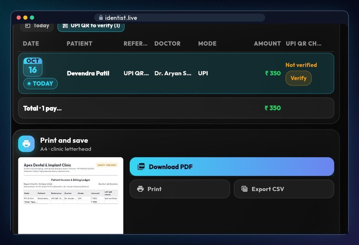 Find UPI payments to verify — billing in iDentist.Live