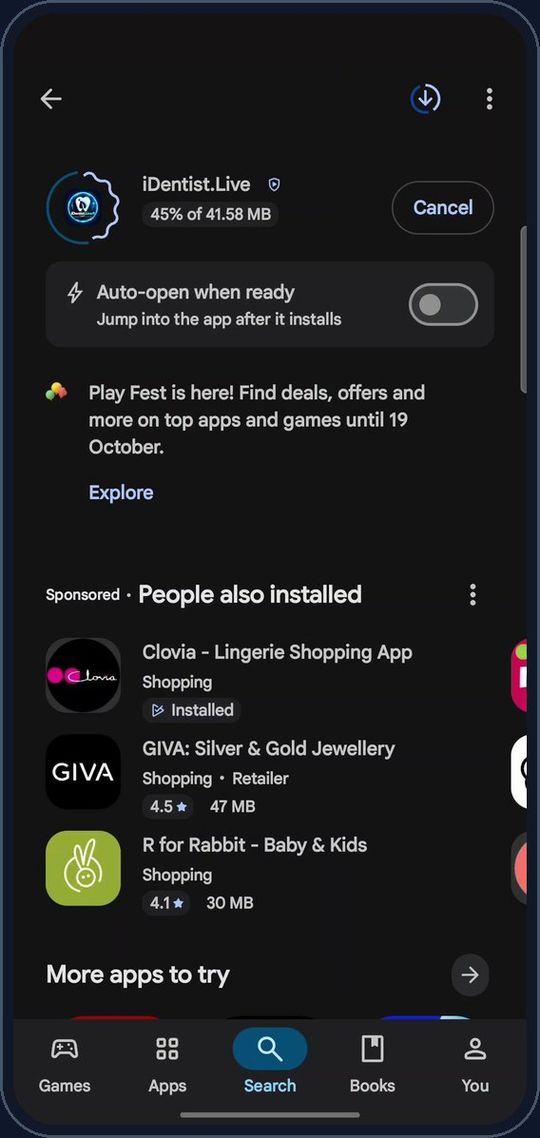 Wait a few seconds — iDentist.Live on an Android phone