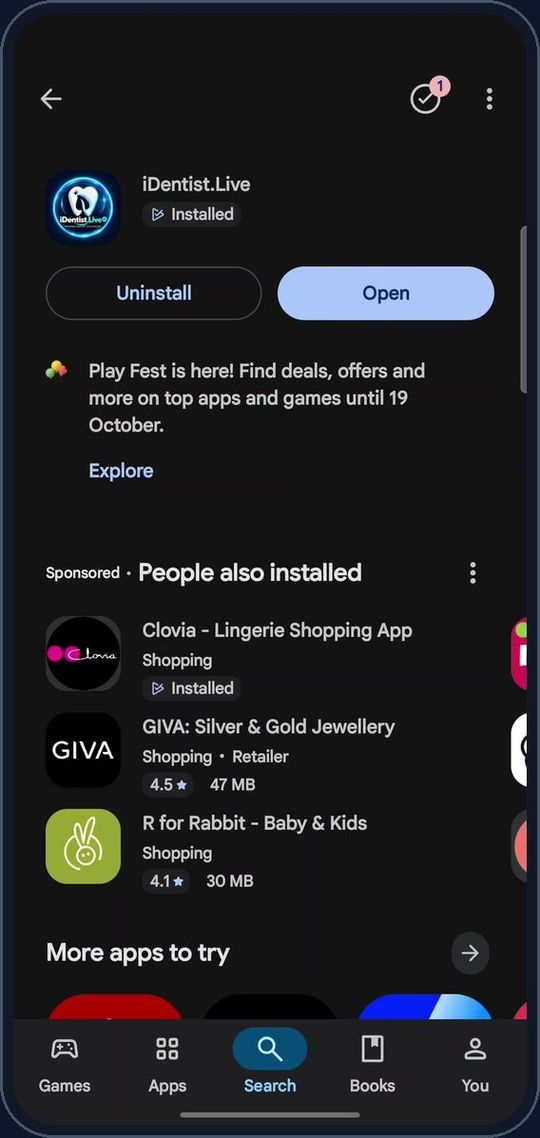 Tap Open — iDentist.Live on an Android phone