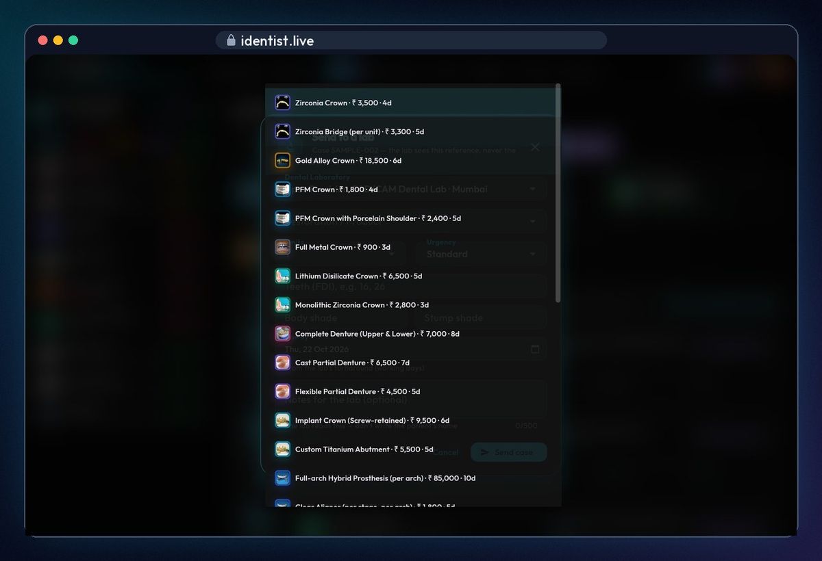 Choose from the lab's price list — lab works in iDentist.Live