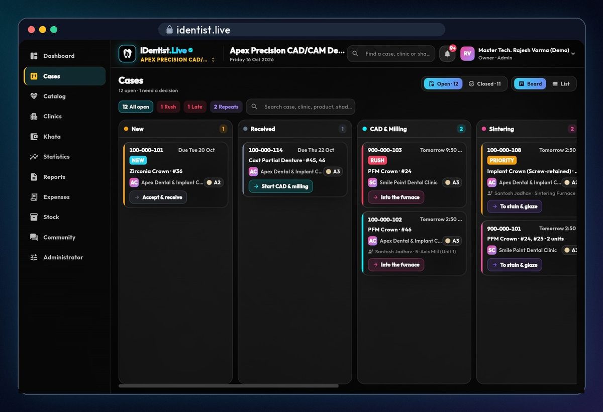 The lab's stage board — lab works in iDentist.Live