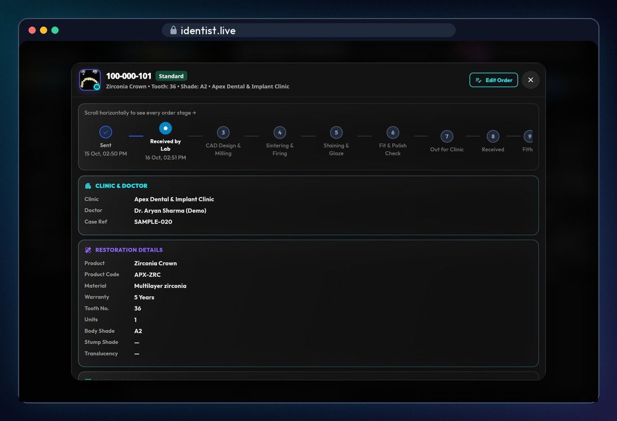 Case details — lab works in iDentist.Live