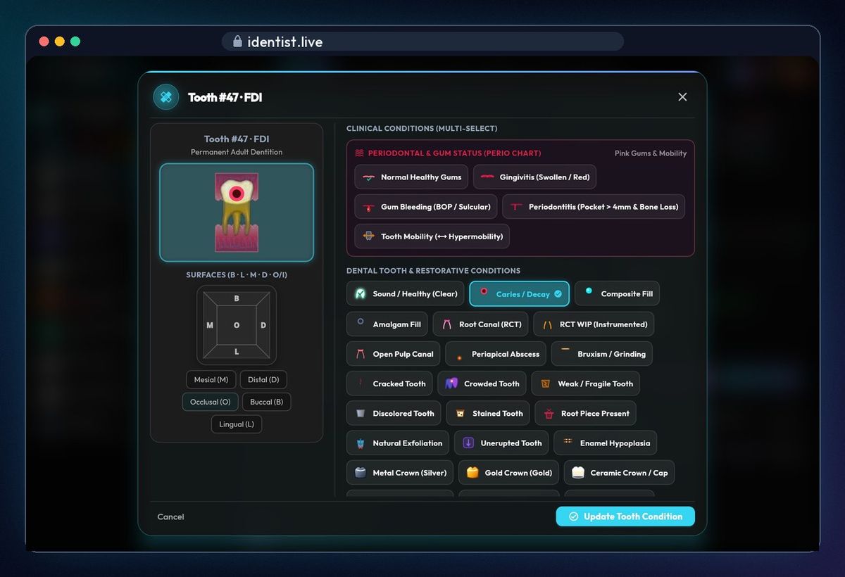 Mark a finding — the iDentist.Live patient file