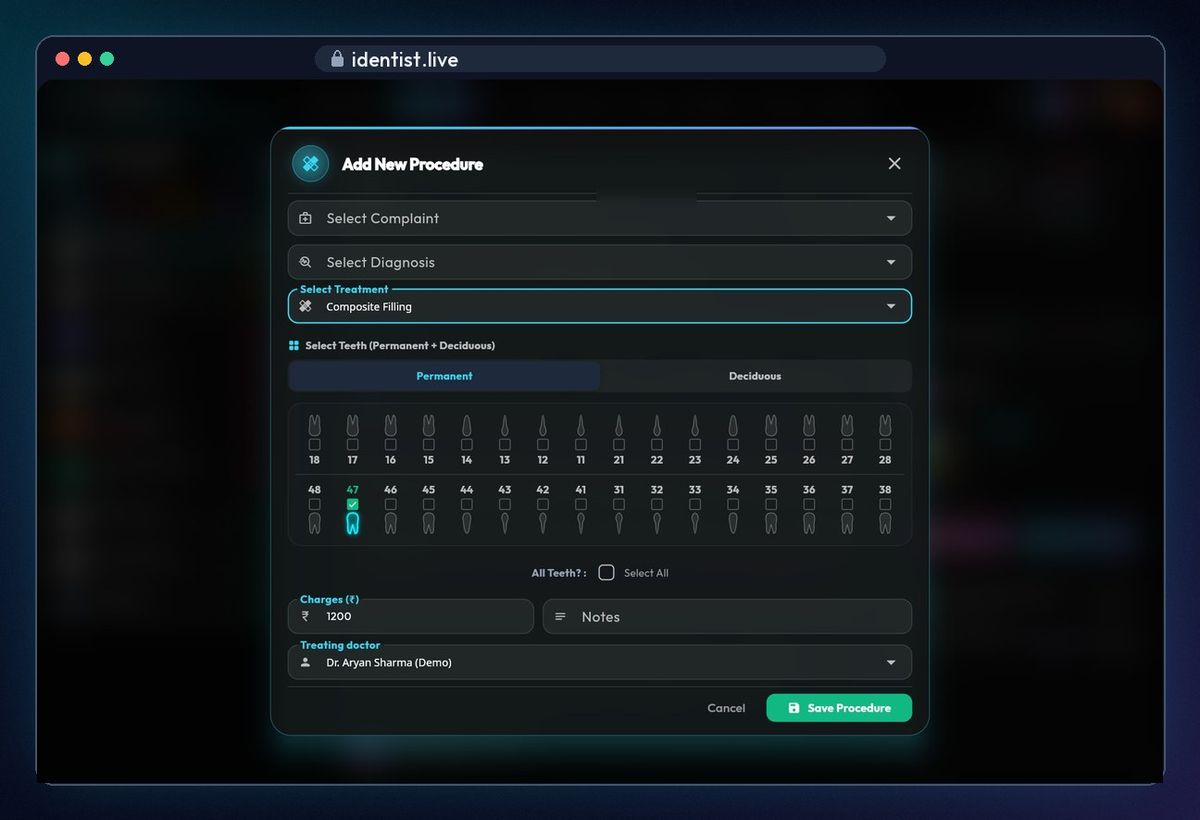Add a procedure — the iDentist.Live patient file