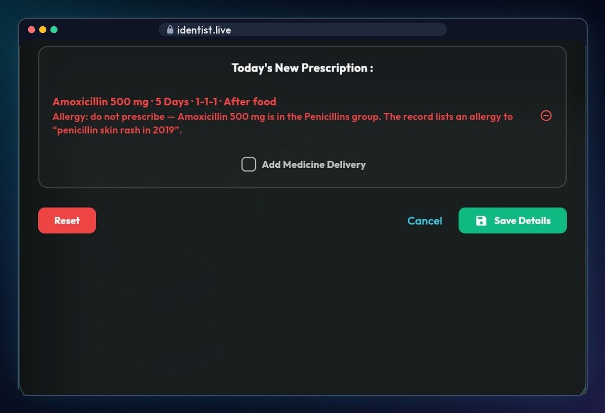 Prescriptions — allergy check — the iDentist.Live patient file