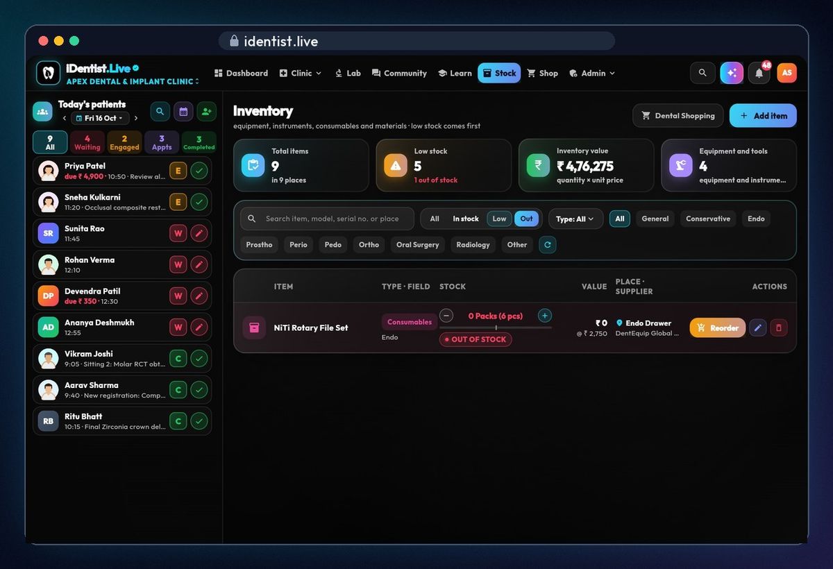 Search and filter — stock in iDentist.Live