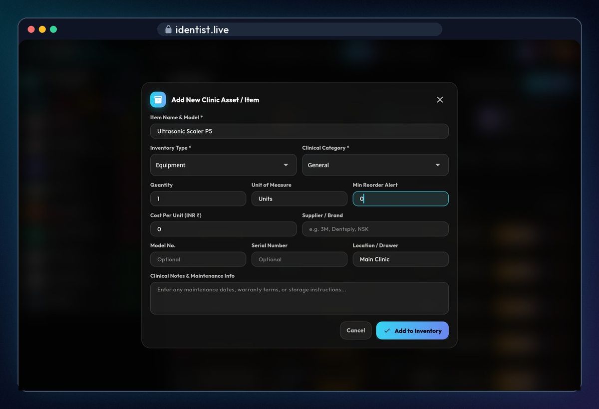 Add a new item — stock in iDentist.Live