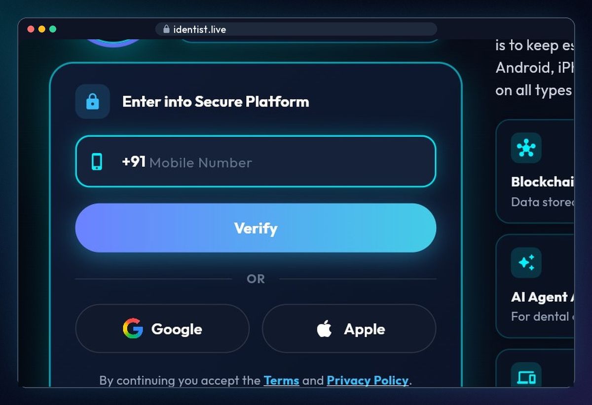 Sign in with your mobile number — iDentist.Live on the web
