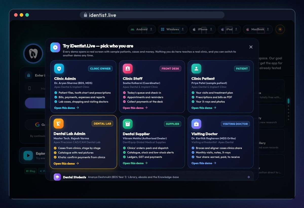 Or try the Demo first — iDentist.Live on the web