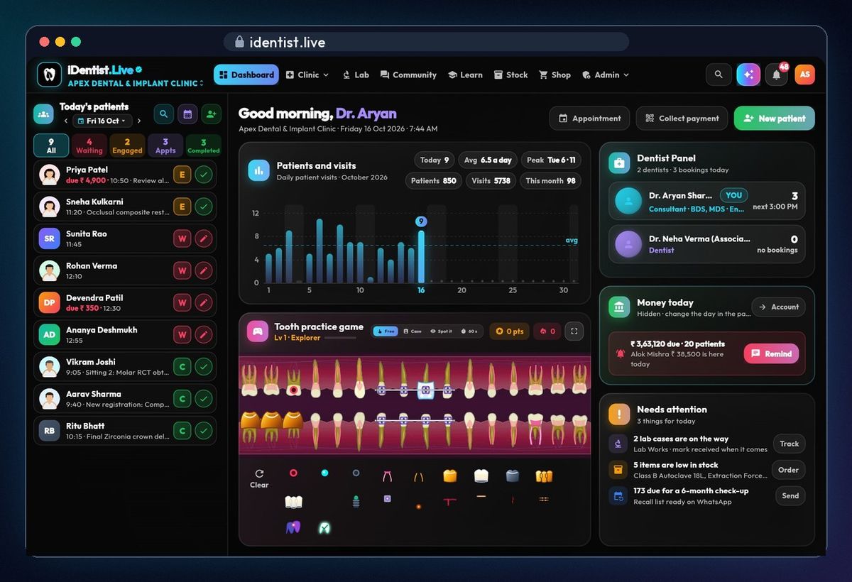Your clinic dashboard — iDentist.Live on the web