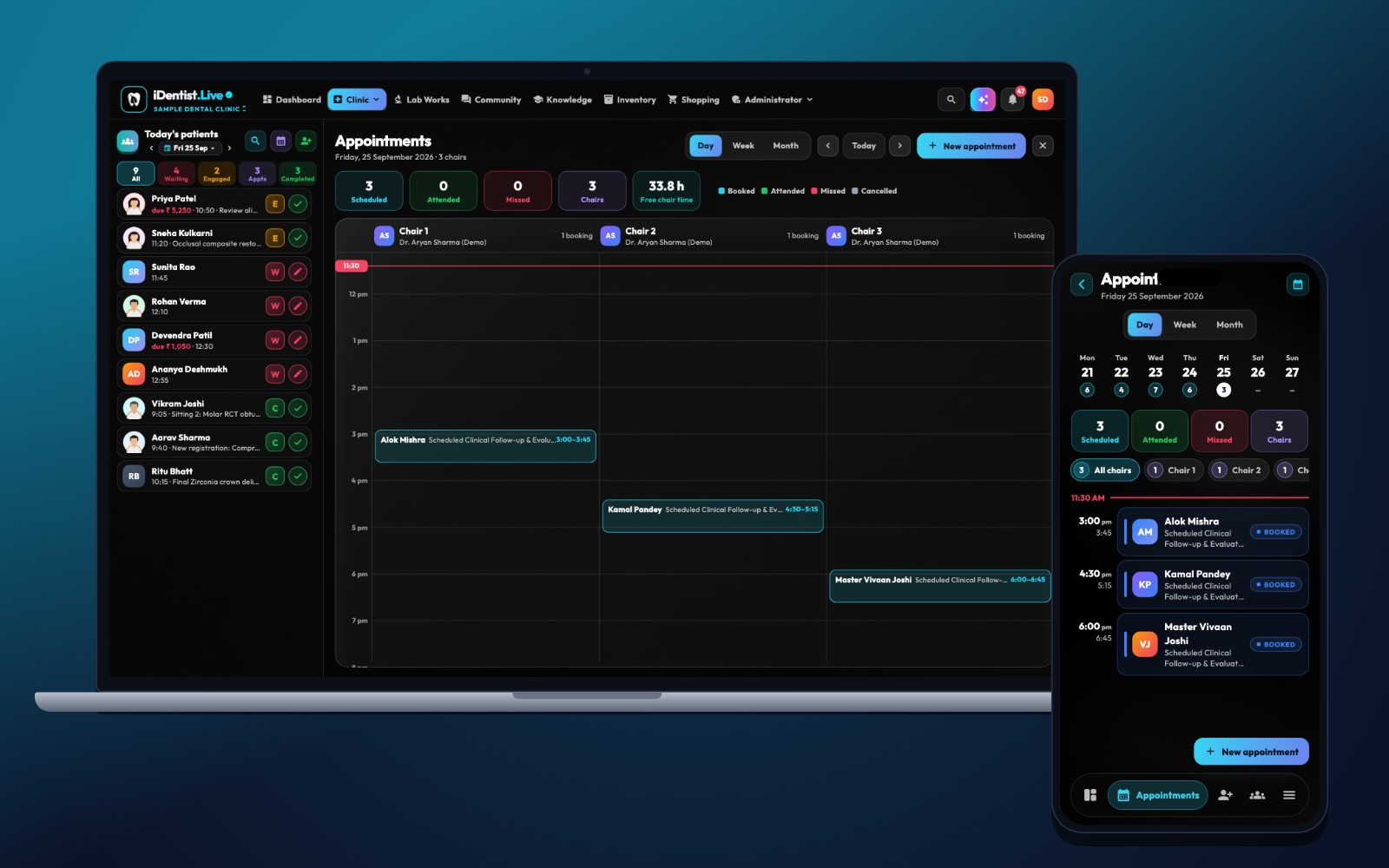 The appointment book — iDentist.Live on a laptop and a phone