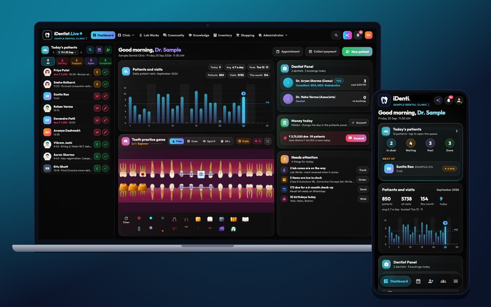 The clinic dashboard working offline — iDentist.Live on a laptop and a phone
