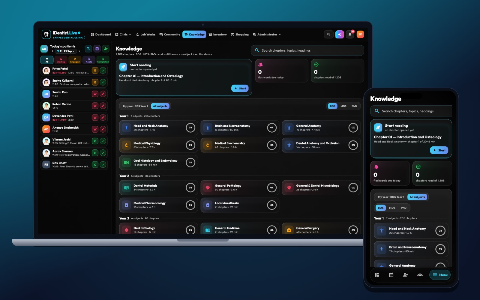 The knowledge base — iDentist.Live on a laptop and a phone