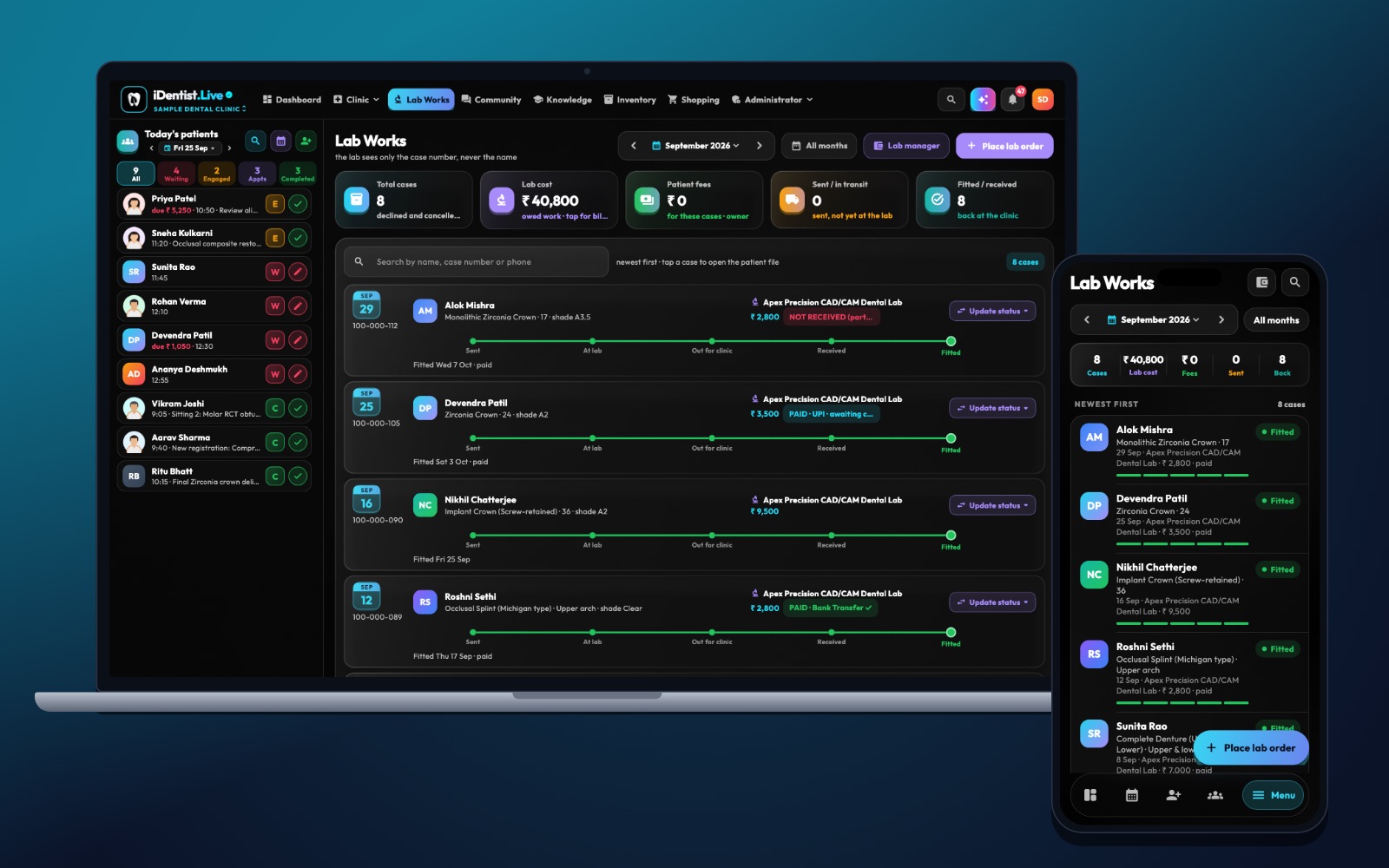The clinic’s Lab Works page — iDentist.Live on a laptop and a phone