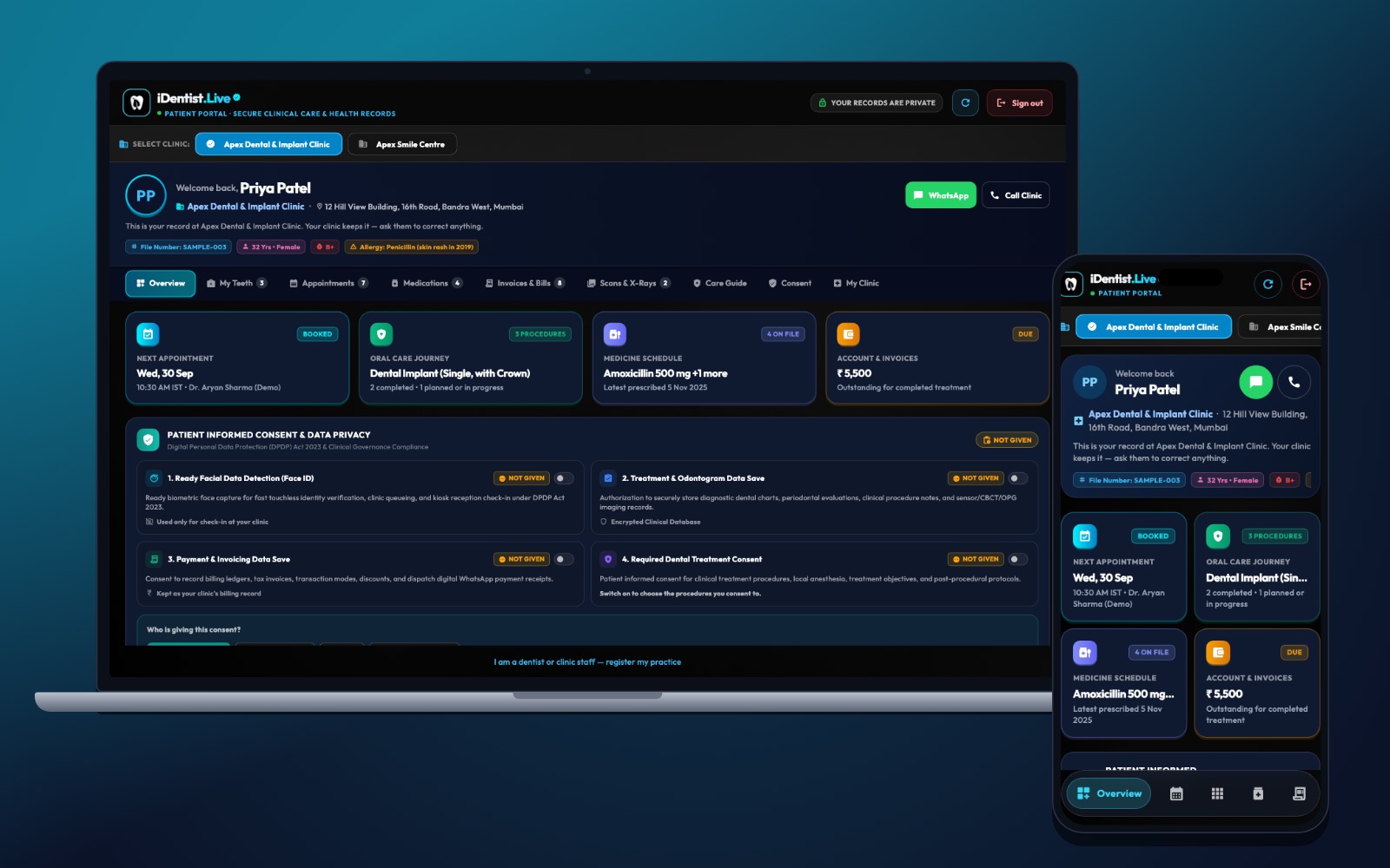 The patient portal — iDentist.Live on a laptop and a phone