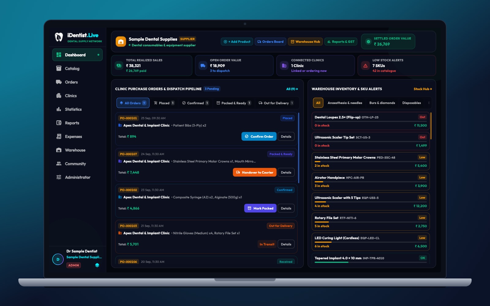 A supplier view made for dental goods — iDentist.Live on a laptop