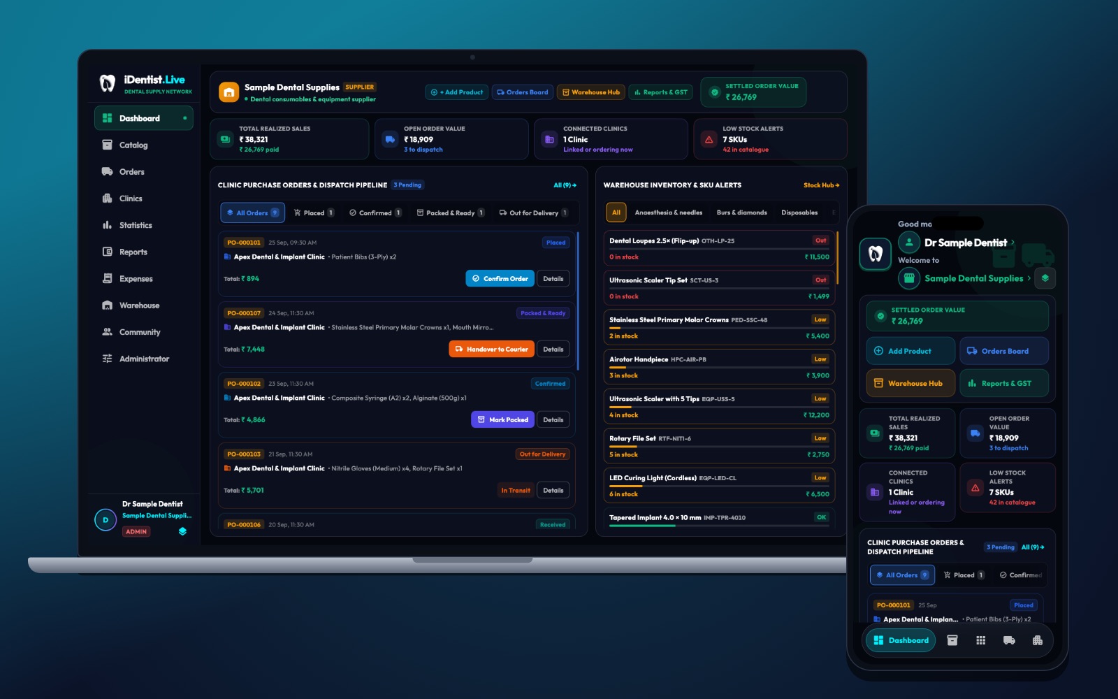 The supplier dashboard — iDentist.Live on a laptop and a phone